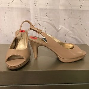 Nude open toe 3-inch heels with 1/2 inch platforms